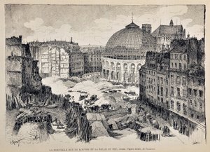 Uusi Rue du Louvre ja Halle au Ble Pariisissa vuonna 1887. Gustave Fraipontin (1849 - 1923) kuvitus. Kaiverrus vuodelta 1887 "" Paris-Illustrous Journal -viikkolehdessä"". tekijältä Gustave Fraipont