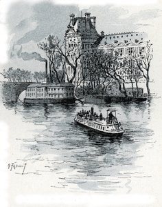 Näkymä Pavillon de Florelle, Palais du Louvre, Quai Voltairesta, Pariisista (Näkymä Louvren palatsin Pavillon de Flore -osaan quai Voltairesta, Pariisista) Gustave Fraipontin (1849-1923) piirustus Saint-Juirsista tekijältä Gustave Fraipont