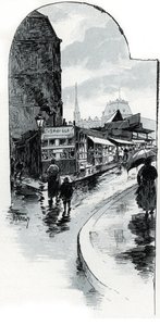 Näkymä brocanteureista rue de la bucherien kulmassa Pariisissa (Käytekaupat rue de la Bucherien varrella, Pariisi) Gustave Fraipontin (1849-1923) piirros piirtää Saint- Juirs tekijältä Gustave Fraipont