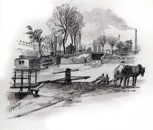 Näkymä Saint-Denis-kanavalle ja quai de la Gironde a la Villette, Pariisi (Näkymä Saint Denisin ja quai de la Gironden kanavalle Villetten alueella, Pariisi) Gustave Fraipontin (1849-1923) piirustus Saint-Juirsista tekijältä Gustave Fraipont