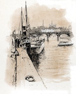 Vista da empresa Seine et Thames cujos barcos conectam Paris e Londres Desenho de Gustave Fraipont (1849-1923) baseado em “La seine a travers Paris” de Saint-Juirsfinnish tekijältä Gustave Fraipont