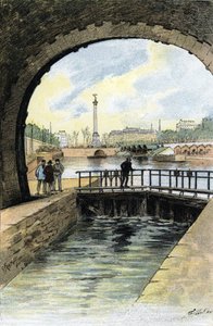 Näkymä Saint Martinin kanavan sulusta Pariisissa Gustave Fraipontin (1849-1923) piirustus Saint-Juirsin teoksesta "La seine a travers Paris" tekijältä Gustave Fraipont