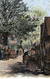 Näkymä uudesta varastosta Rue Larochella, Bercyssä, Pariisissa Rue Larochen viinivarastot Bercyssä, Pariisissa) Gustave Fraipontin (1849-1923) piirustus on Saint-Jursin teoksesta "La seine a travers Paris" tekijältä Gustave Fraipont