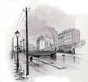 Näkymä quai de Valmyn heiluvasta sillasta Saint Martinin kanavalla, Pariisi Gustave Fraipontin (1849-1923) piirustus Saint-Jursista tekijältä Gustave Fraipont