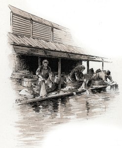 Pesukoneja quai de Valmylla, kanava Saint-Martinin rannoilla, pariisi Gustave Fraipontin (1849-1923) piirustus Saint-Juirsin "La seine a travers Paris" -kappaleesta tekijältä Gustave Fraipont