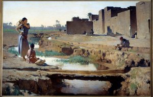 Orientalismi: "" La Seguia lähellä Biskraa"" Nainen ja lapsi ottavat vettä joesta Algerian autiomaassa sijaitsevassa keitaassa. Gustave Achille Guillaumetin (1840-1887) maalaus 1884 Su. 1x1,5 m Pariisi, museo d