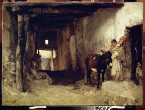 Orientalismi: ""Talo Saharassa"" (A House in the Sahara) Nainen ja hänen lapsensa aasin seurassa. Gustave Guillaumetin (1840-1887) maalaus noin 1880 Pushkin-museo, Moskova