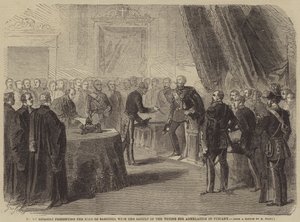 Paroni Ricasoli esittelee Sardinian kuninkaalle Toscanan liittämistä koskevan äänestyksen tuloksen tekijältä Gustave Janet