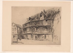 Katu taloineen ja kävelijöiden Chartressa La maison du saumon (Chartres) (otsikko esineessä) tekijältä Gustave Leheutre (signed by artist)