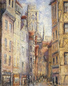 Rouen, katu kirkon vieressä; Rouen, rue avec L "Eglise, n.1920 tekijältä Gustave Loiseau