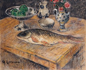 Asetelma kalan, kukkien ja omenoiden kanssa; Asetelma kalan, kukkien ja omenoiden kanssa, tekijältä Gustave Loiseau