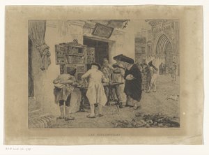 Miehet kokoontuivat kirjakaupan näyttelyn ympärille Les Bibliophiles (otsikko esineessä) tekijältä Gustave Marie Greux