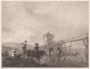 Lepo- ja uimahahmot pankissa Die pferdetränke (otsikko esineessä) tekijältä Gustave Marie Greux