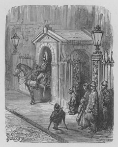 Hevosvartija ryhmässä Kuningattaren palatsin edessä tekijältä Gustave after Dore