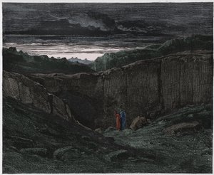 Inferno, Canto 3: Vergilius ja Dante helvetin porteilla, kuvitus Dante Alighierin jumalallisesta komediasta, 1885 (digitaalivärinen kaiverrus) tekijältä Gustave after Dore