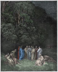 Inferno, Canto 4: Homeros, runoilijat ja sankarit Limbossa, kuvitus Dante Alighierin jumalallisesta komediasta, 1885 (digitaalivärinen kaiverrus)