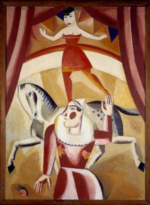 Sirkus III Akrobaatti Ecuyere tasapainossa hevosella ja klovni sirkusradalla esittelemässä. Gustave de Smetin (1877-1943) maalaus 1926 Su. 1,3x1,1 m Grenoble, Musee des Beaux Arts Huomio! Tämän teoksen käyttö saattaa edellyttää kolmannen osapuolen lupaa