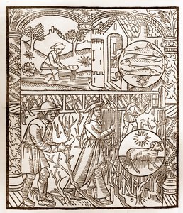 Paimenkalenteri - Kuukausien työt - Maaliskuu - Puupiirros Guy Marchantin (Guido Mercator) painamasta kirjasta vuodelta 1496 Troyesissa - Puukaiverrus kirjassa "Le grand Calendrier et compost des shepherds" -