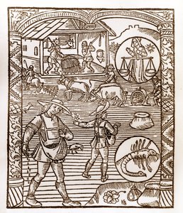 Paimenkalenteri - Kuukausien työt - syyskuu - Puupiirros Guy Marchantin (Guido Mercator) painamasta kirjasta vuodelta 1496 Troyesissa - Au premier plan, des peassans sement a la volee - Puupiirros teoksesta "Le grand Calendrier et compost des shepherds" -
