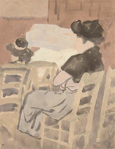 Nainen ja nuori tyttö kirkon sisätiloissa (akvarelli paperille) tekijältä Gwen John