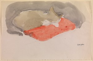 Kissa nukkuu punaisella tyynyllä (guassi ja kynä paperilla) tekijältä Gwen John