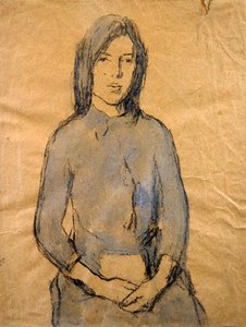Tyttö, kädet sylissään (kynä ja akvarelli paperille) tekijältä Gwen John