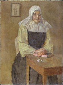 Mere Poussepin istuu pöydän ääressä (öljy kankaalle) tekijältä Gwen John