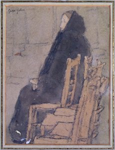 Vanha nainen mustassa huivissa (akvarelli, vartaloväri ja musta värikynä beigelle paperille) tekijältä Gwen John
