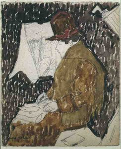 Naisen profiili junavaunussa (akvarelli paperille) tekijältä Gwen John