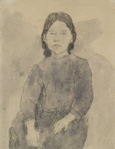 Istuva tyttö (Marie Hamonet?) (hiili, harmaa pesuväri ja vartaloväri harmaalle paperille)