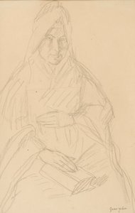 Tutkimus Mere Poussepinia varten pöydän ääressä istuen, n.1915. tekijältä Gwen John