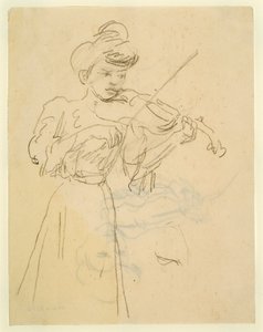 Nainen seisoo ja soittaa viulua (lyijykynä paperille) tekijältä Gwen John