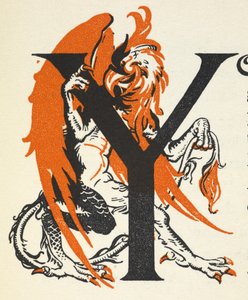 Valaistu Y-kirjain, joka on kuvitettu gryphonilla. tekijältä Gwynedd M. Hudson