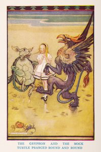 Gryphon ja pilkkakilpikonna hyppäsivät ympäri ja ympäri, lastentarhasta Alice in Wonderland / Kertonut lastentarhalle Irene Pearl; kuvat Gwynedd Hudson
