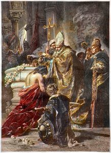 Pyhän Stefanoksen kaste (c970-1038), pyhä ja Unkarin ensimmäinen kuningas - pyhimys Adalbert Prahalainen kastoi Gyula Benczurin teoksen jälkeen - Unkarin prinssi Vajk kastaa Prahan pyhä Adalbert ja ottaa nimen Stephen (Pyhä Stephen I Ki