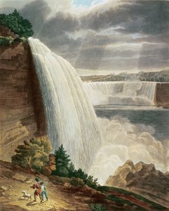 Niagara Falls, osa American Fall of the Stair Case, kaiverrus J. Hill, pub. kirjoittanut H.L.Megarcy (värikaiverrus)