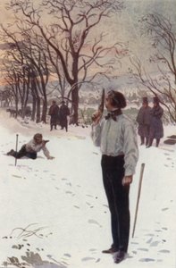 Henri seisoi paikallaan ja peitti kasvonsa pistoolillaan (väri litho)