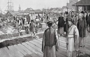 Komissaari Lin tuhoaa tuhansia oopiumilaatikoita (litografia)