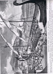 Carausius valtaa laivaston Boulognessa, kuva Hutchinsonin kansojen historiasta, n. 1910 tekijältä H. M. Burton