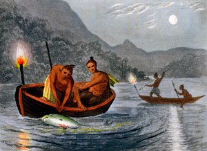 Amerikkalaiset intiaanit kalastavat taskulamppujen valossa Pohjois-Amerikassa, 1813