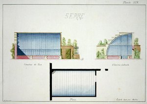 Suunnittelu kasvihuoneeseen, jossa on kaarevat lasiseinät ja katto, alkuperäisten klassisten ja varhaisten Belle-Epoque-tyylien piirustusten foliosta, n. 1870 (kynä ja muste paperille)