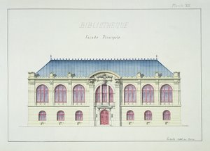 Kirjaston pääjulkisivu, levy XII mallisarjasta, noin 1870.