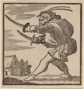 Kypärä selkä heiluttelee kahta miekkaa tekijältä H. Numan after Jacques Callot