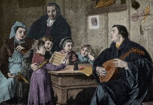 Martti Luther (1483-1546) perheensä keskellä (kaiverrus H Stelznerin mukaan) tekijältä H. Stelzner