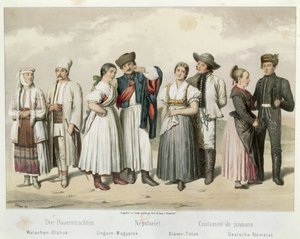 Talonpoikien puvut (L–R) Romaniasta, Unkarista, Slovakiasta ja Saksasta, Gabriel de Pronayn teoksesta Esquisses de la Vie Populaire en Hongriche, 1855 tekijältä H. Veber