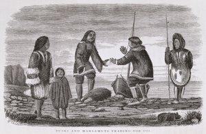 Tuski ja Mahlemuts Trading for Oil, "Alaska ja sen luonnonvarat", William H. Dall, kaiverrus John Andrew, pub. 1870