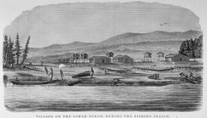 Kylä Ala-Yukonissa, "Alaska ja sen luonnonvarat", William H. Dall, kaiverrus John Andrew, pub. 1870