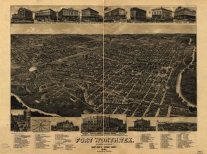Perspektiivikartta ei ole piirretty mittakaavassa. Lintuperspektiivi. LC Panoramic maps (2. painos), 910 Saatavilla myös Library of Congress -verkkosivuston kautta rasterikuvana. Sisältää kuvan, hakemiston kiinnostaviin kohteisiin ja kartan Fort Worthin ra tekijältä H. Wellge