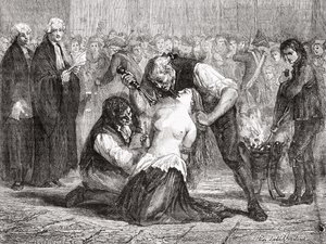 Madame de la Motten kidutus, Meyer-Heinen kaiverrus Louis Blancin (1811-82) "Histoire de la Revolution Francaisesta"