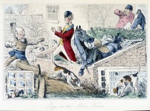 Taistelu maanviljelijän ja metsästäjän välillä. Englantilainen karikatyyri ketun metsästämisestä "Thomas Scottin tai Hawbuck Grangen seikkailuista", kuvitus H.K. Browne ja W.T. Maud. tekijältä Hablot Knight Browne